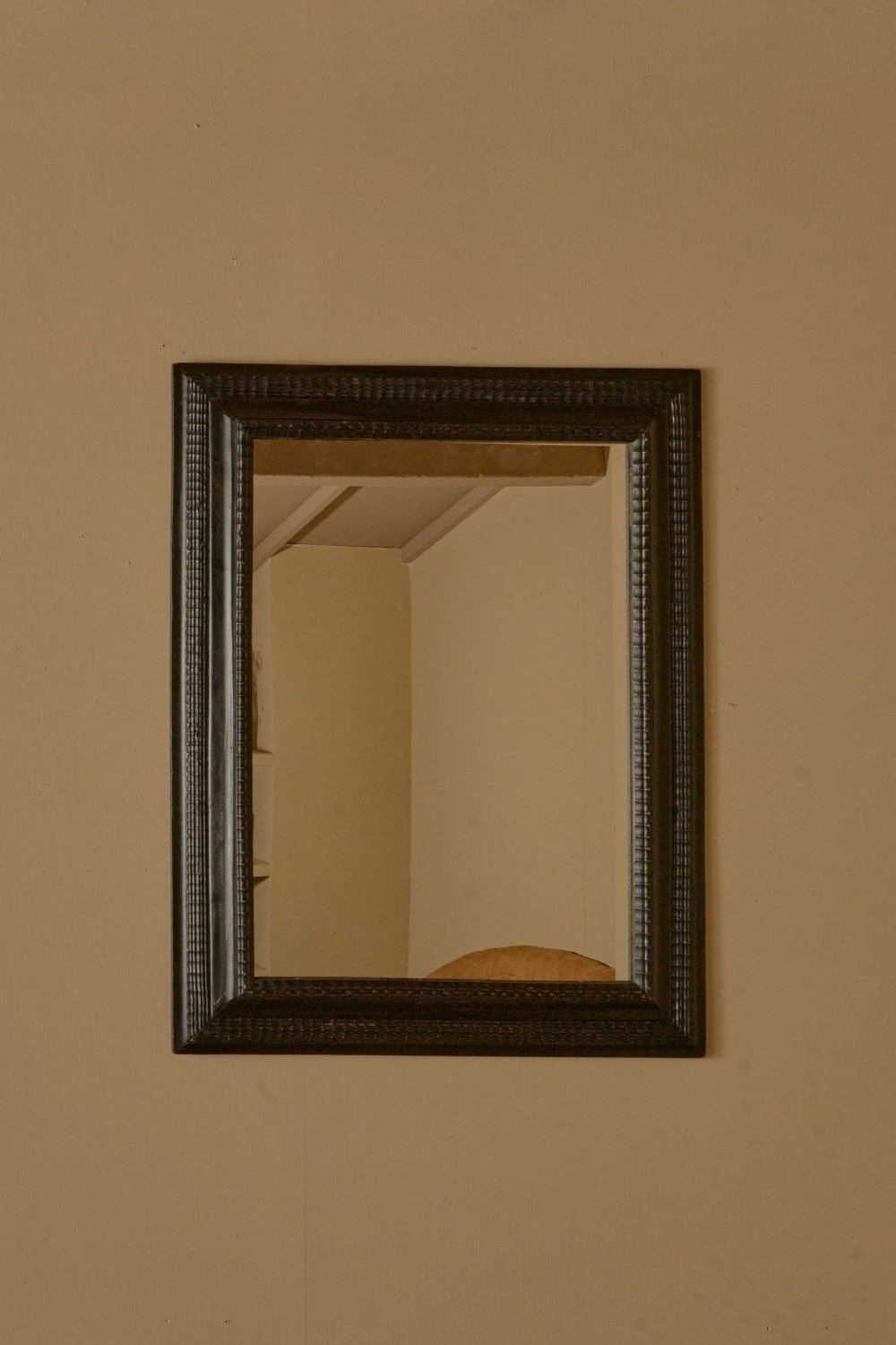 A rectangular 19th-century Italian wall mirror featuring a dark ebonised wooden frame with textured carved moulding.