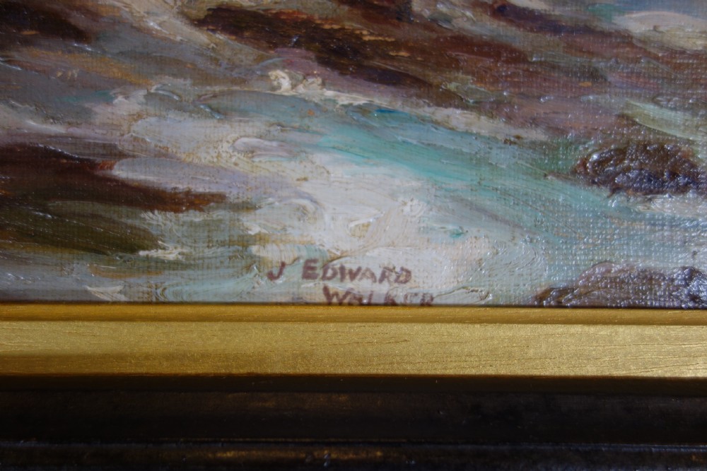 An early 20th-century impressionist oil painting depicting waves crashing against rocky coastal cliffs under cloudy grey skies, enclosed in a dark molded wooden frame with a gilded inner border. View IV