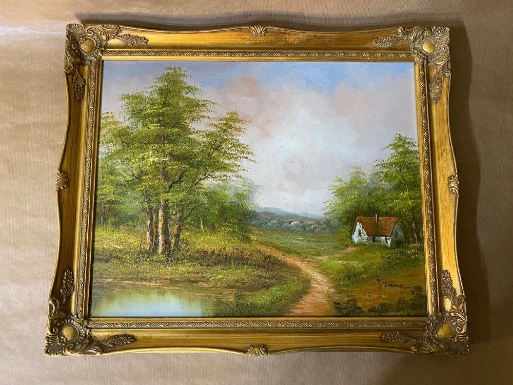 Oil Painting - Landscape of a Country Lane and Cottage Signed Stone