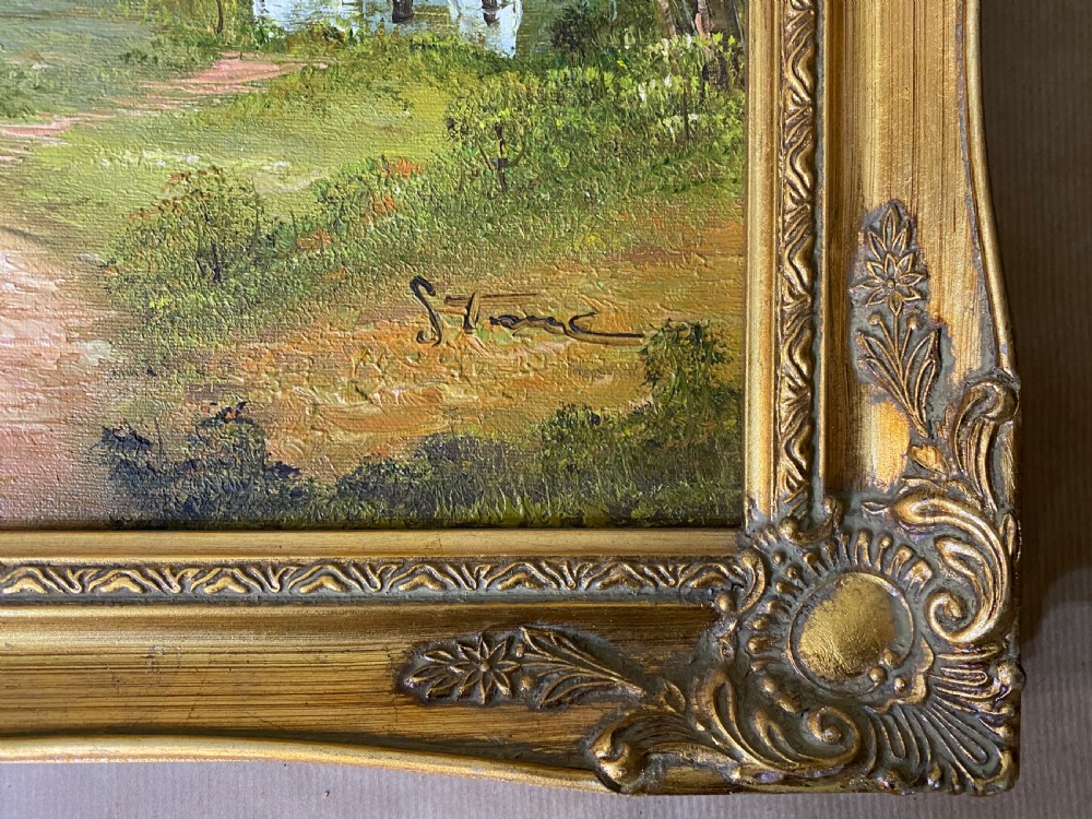 Oil Painting - Landscape of a Country Lane and Cottage Signed Stone View II