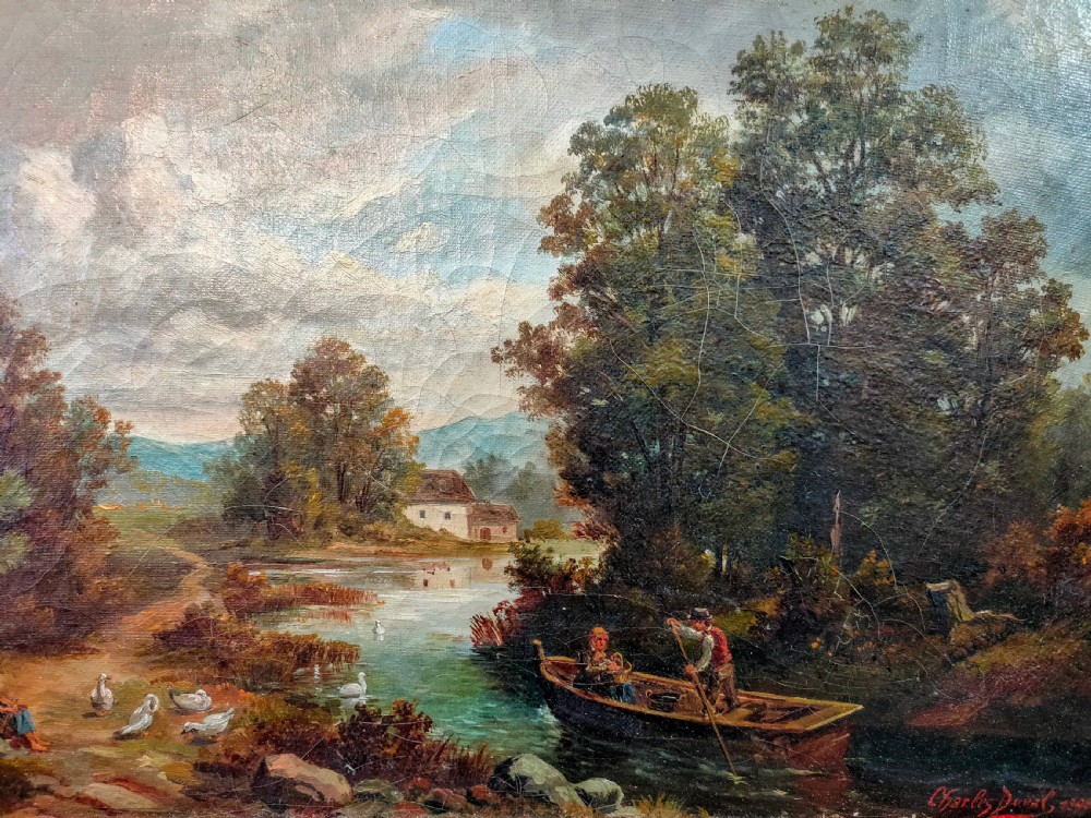 An 1890 Victorian landscape oil painting on canvas depicting figures in a rowboat along a river, housed in a carved gilded frame. View II