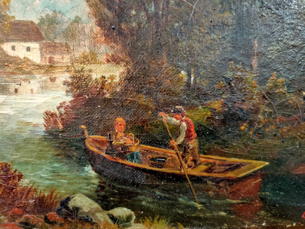 An 1890 Victorian landscape oil painting on canvas depicting figures in a rowboat along a river, housed in a carved gilded frame. View III