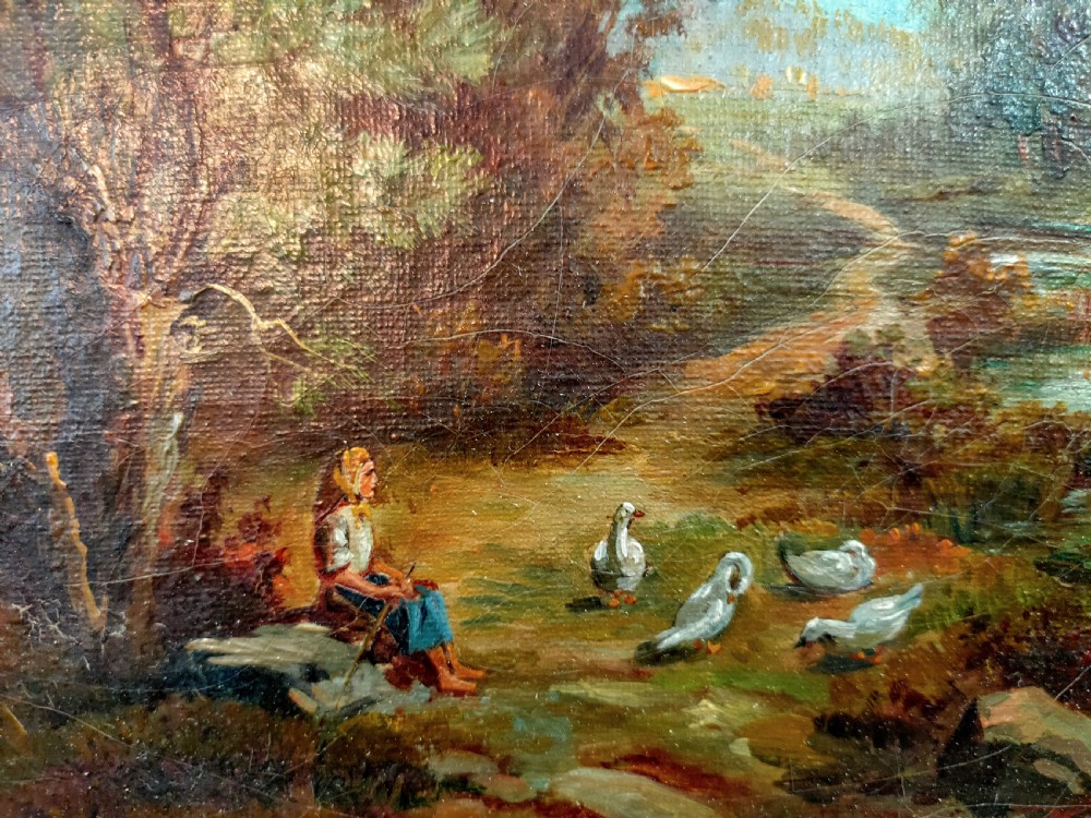 An 1890 Victorian landscape oil painting on canvas depicting figures in a rowboat along a river, housed in a carved gilded frame. View IV