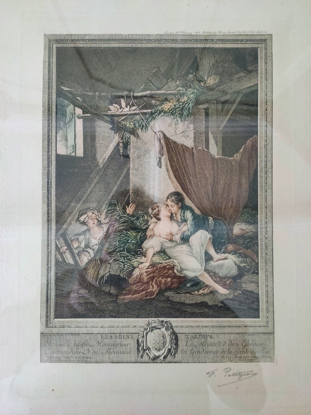 A set of six framed coloured mezzotint engravings depicting eighteenth-century French interior genre scenes, mounted in timber frames. View II