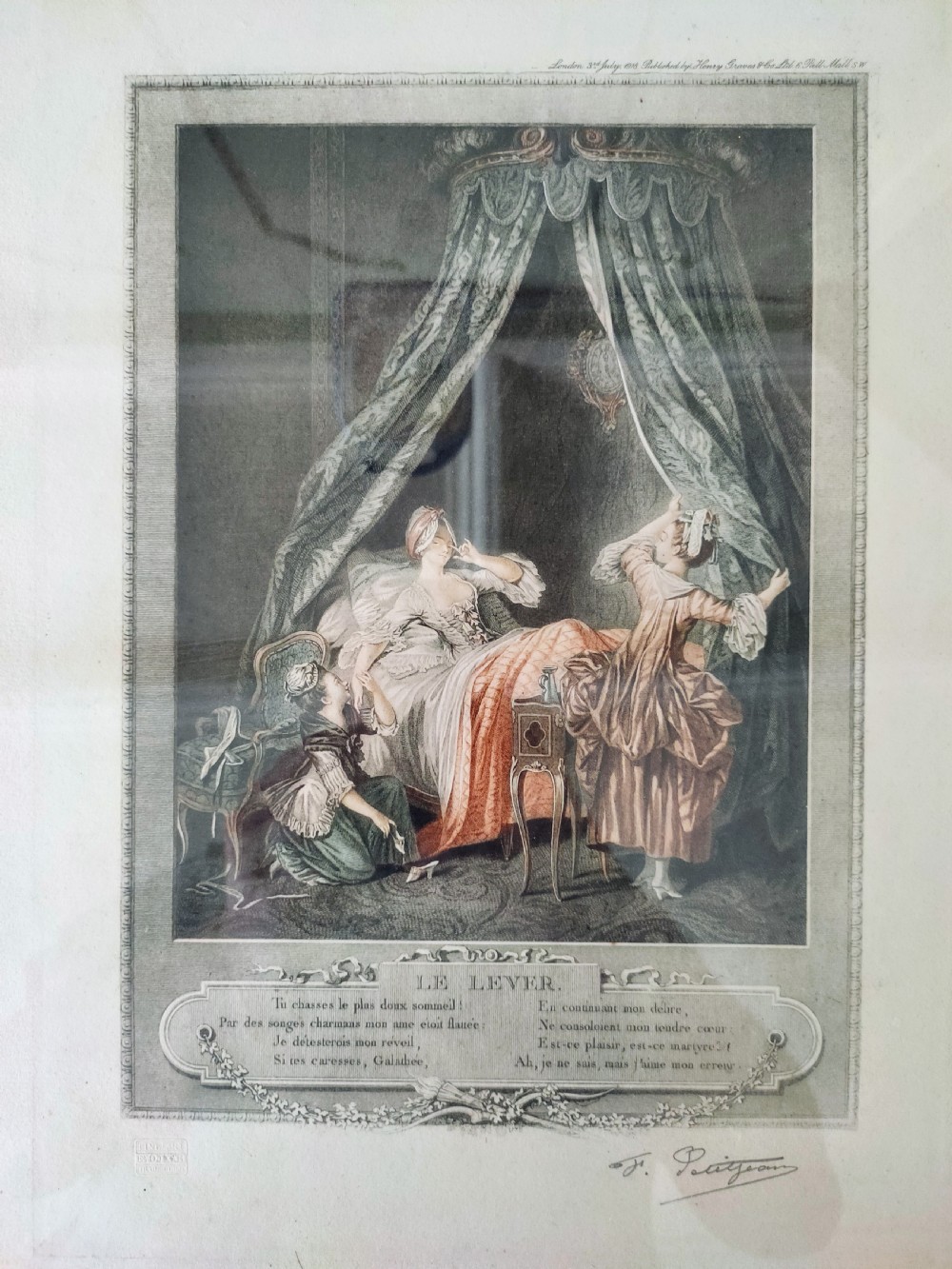 A set of six framed coloured mezzotint engravings depicting eighteenth-century French interior genre scenes, mounted in timber frames. View III
