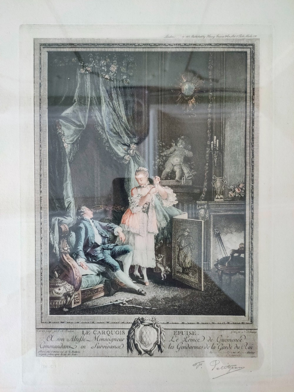 A set of six framed coloured mezzotint engravings depicting eighteenth-century French interior genre scenes, mounted in timber frames. View IV