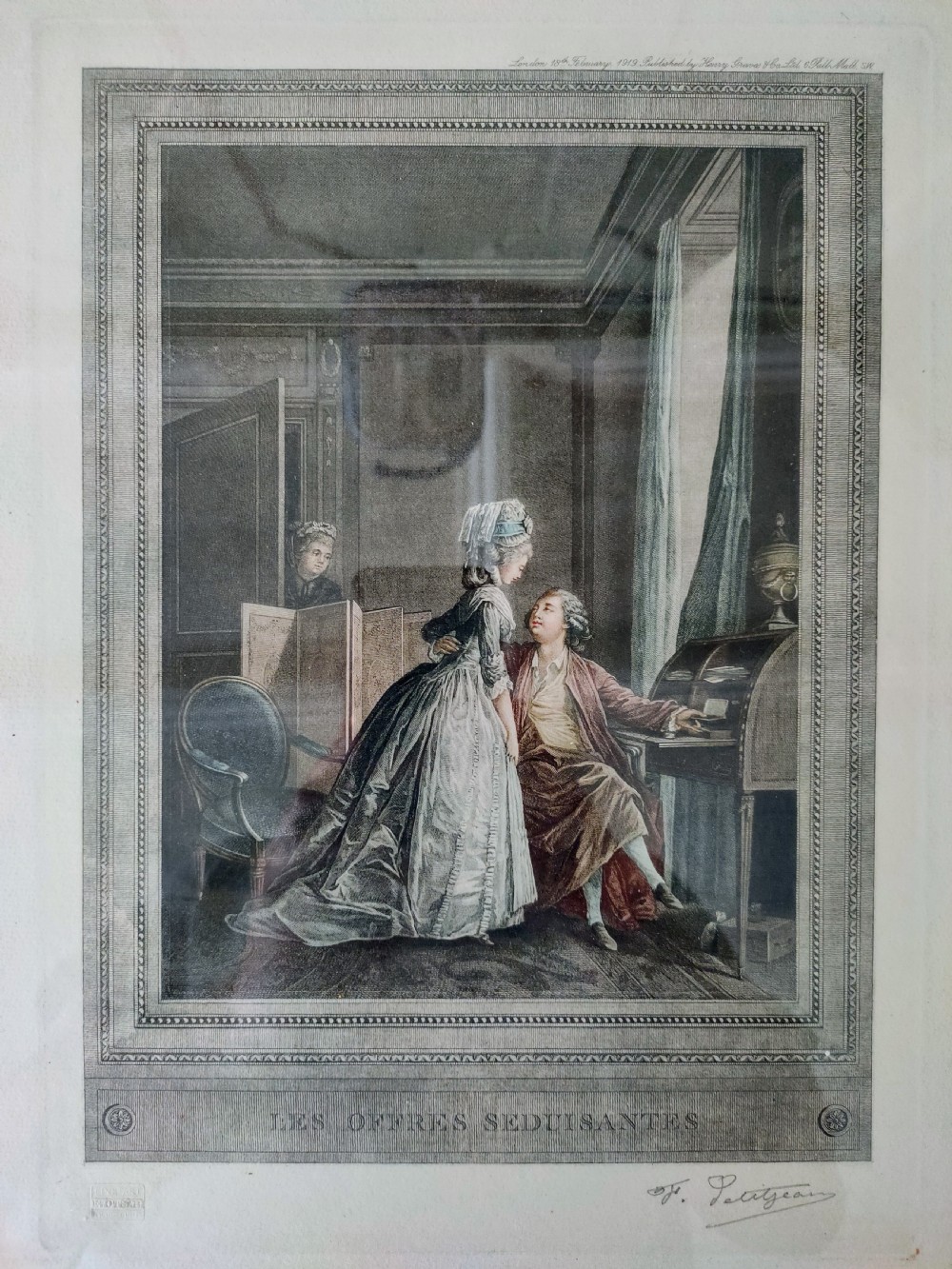 A set of six framed coloured mezzotint engravings depicting eighteenth-century French interior genre scenes, mounted in timber frames. View V