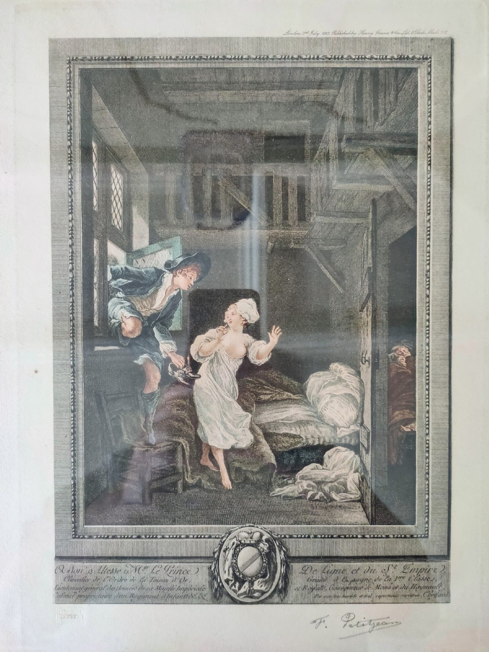 A set of six framed coloured mezzotint engravings depicting eighteenth-century French interior genre scenes, mounted in timber frames. View VI