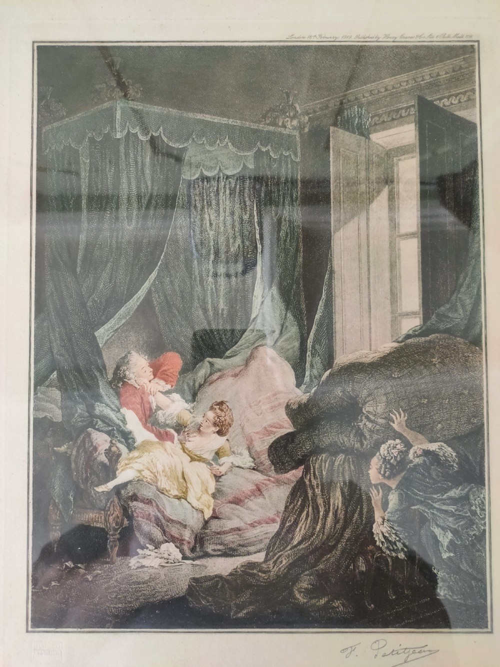A set of six framed coloured mezzotint engravings depicting eighteenth-century French interior genre scenes, mounted in timber frames. View X