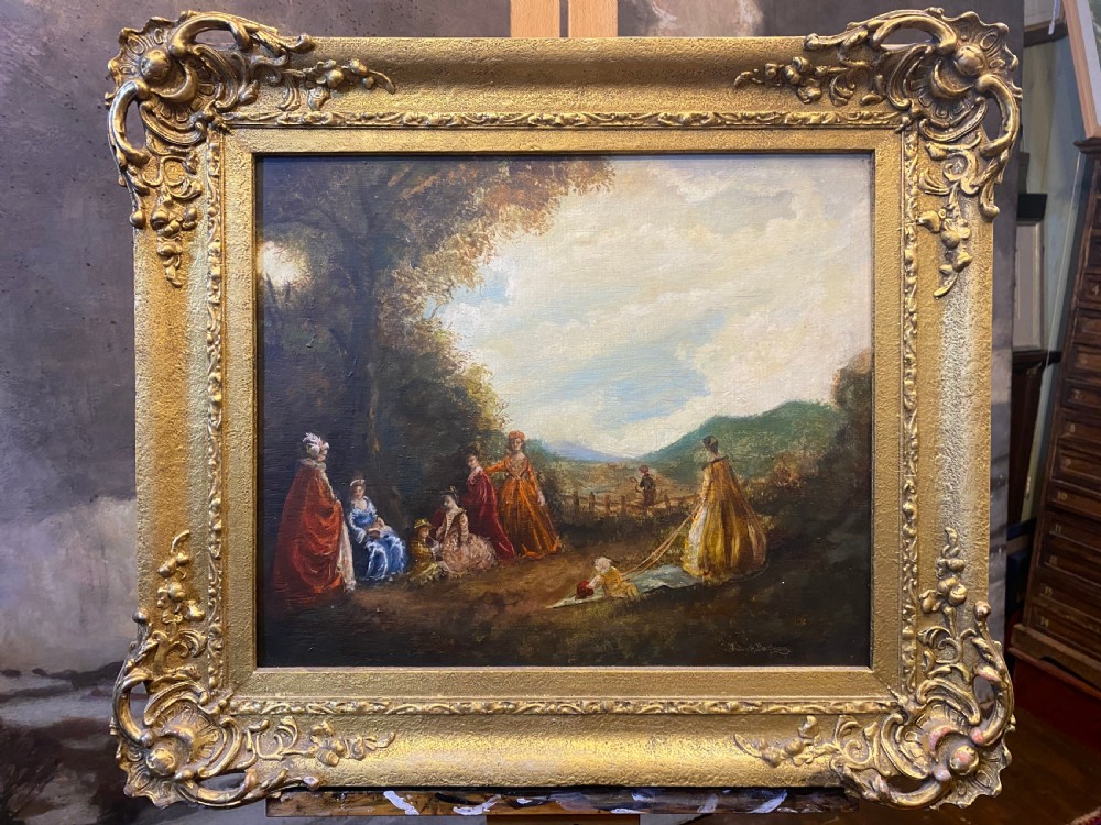 An antique oil painting depicting figures in period costume gathered in a woodland landscape, set within an ornate gilded frame.