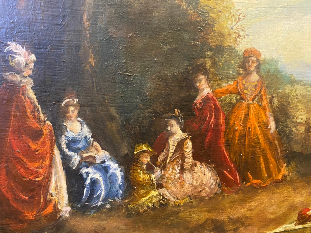 An antique oil painting depicting figures in period costume gathered in a woodland landscape, set within an ornate gilded frame. View II
