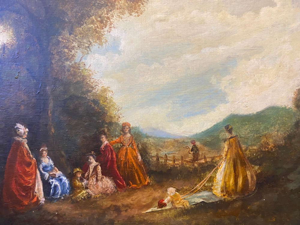 An antique oil painting depicting figures in period costume gathered in a woodland landscape, set within an ornate gilded frame. View III