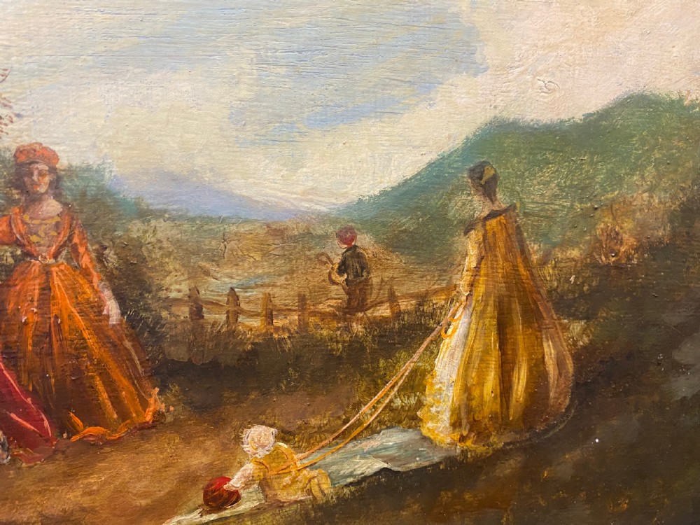 An antique oil painting depicting figures in period costume gathered in a woodland landscape, set within an ornate gilded frame. View IV