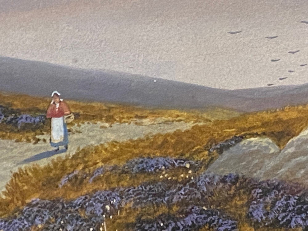 A framed Victorian watercolour painting by Alfred Graham depicting a figure walking on a path through a moorland landscape towards a distant hill under a luminous sky. View III