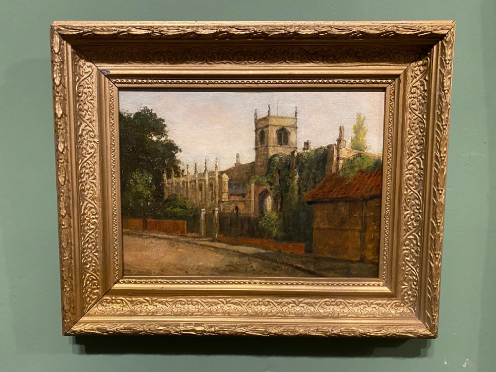 Oil Painting - 19th Century Landscape of a Medieval Village Church