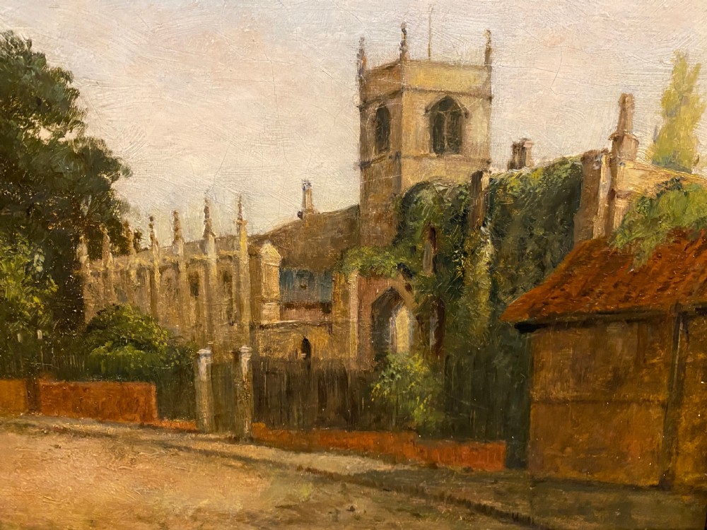 Oil Painting - 19th Century Landscape of a Medieval Village Church View II