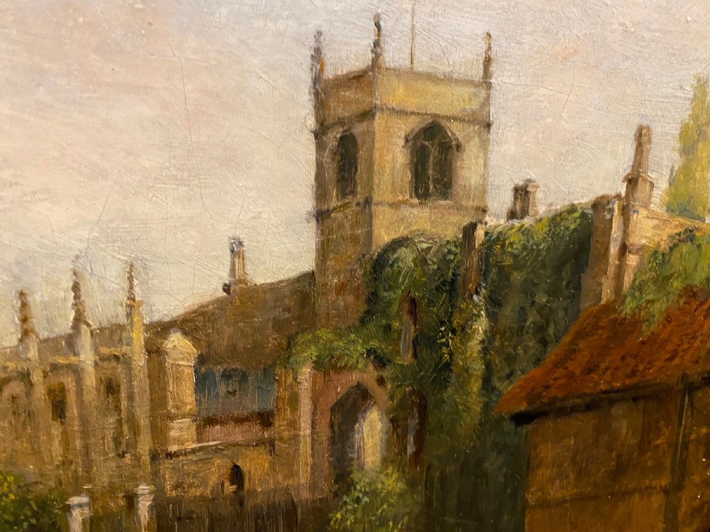 Oil Painting - 19th Century Landscape of a Medieval Village Church View III