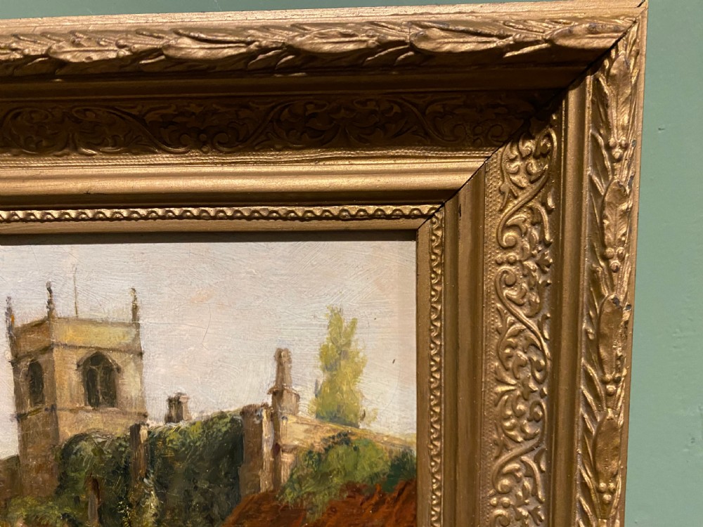 Oil Painting - 19th Century Landscape of a Medieval Village Church View IV