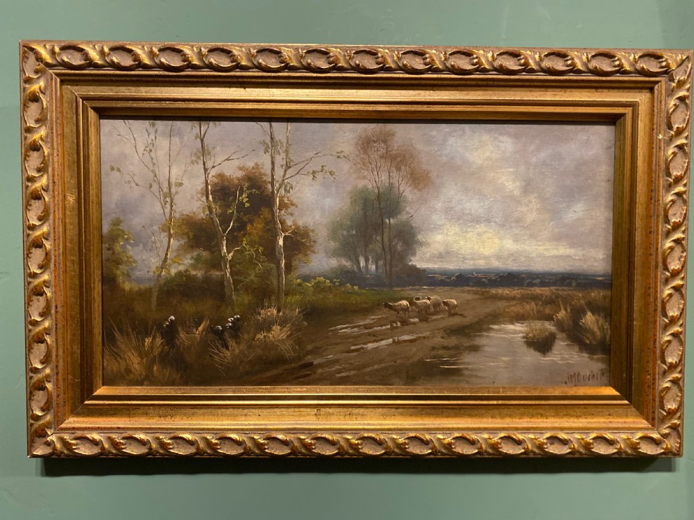 Oil Painting - Sheep on a Farm Track Landscape on Board Signed