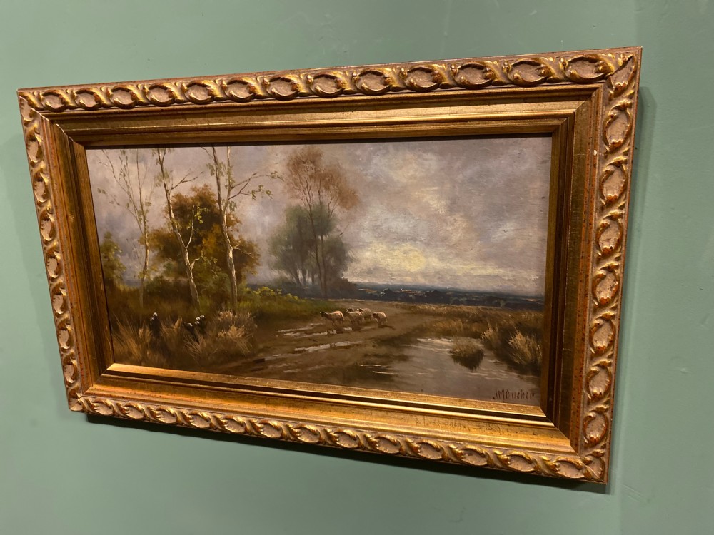 Oil Painting - Sheep on a Farm Track Landscape on Board Signed View II