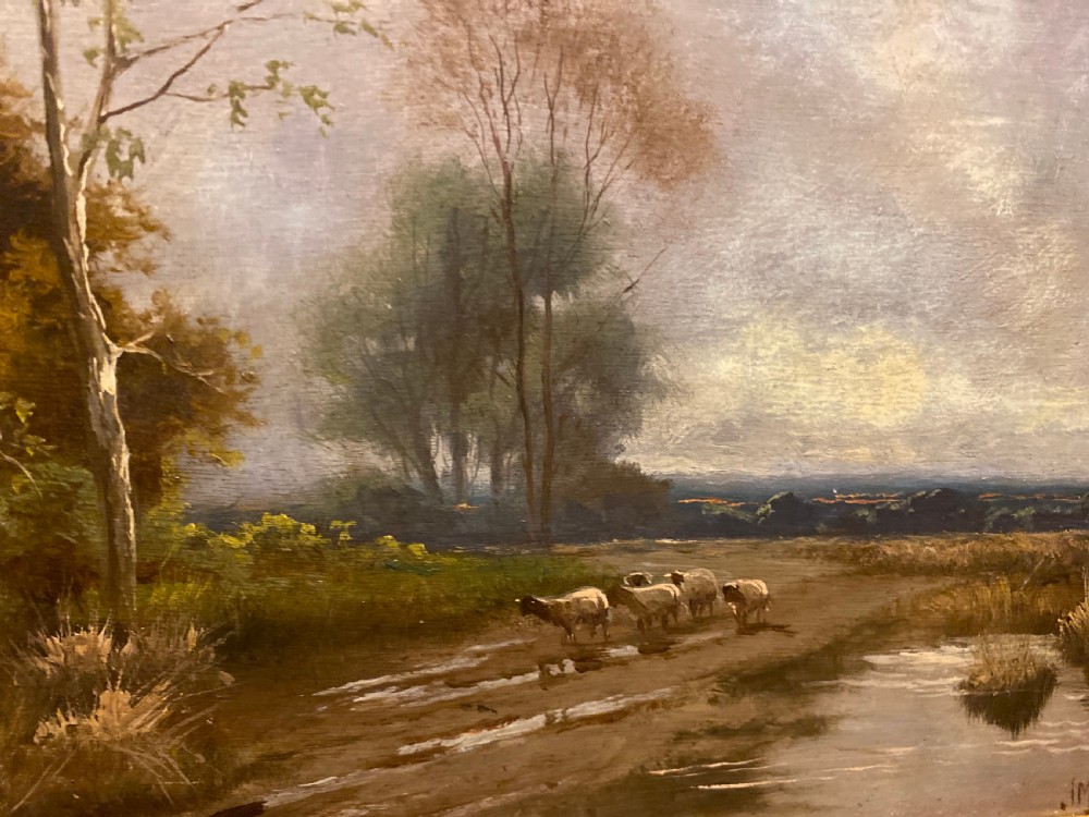 Oil Painting - Sheep on a Farm Track Landscape on Board Signed View III