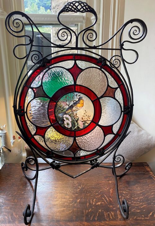 Stunning Arts & Crafts Wrought Iron & Stained Glass Fire Screen