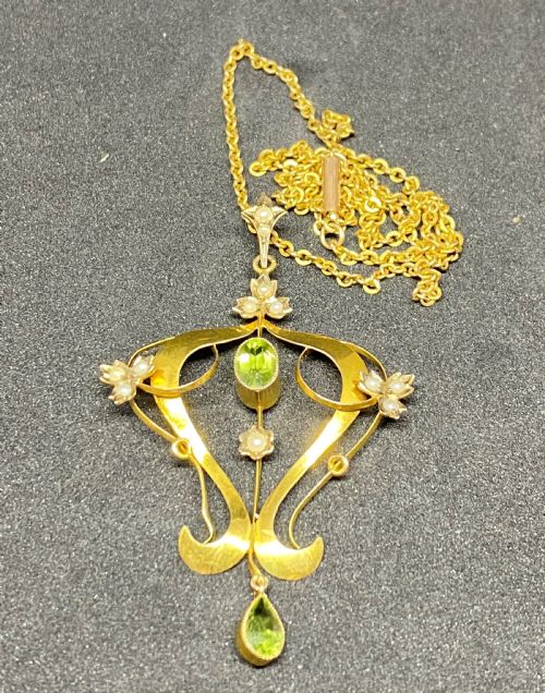 EDWARDIAN 9CT GOLD SEED PEARL PERIDOT LAVALIERE NECKLACE - ADDITIONAL PHOTO 2