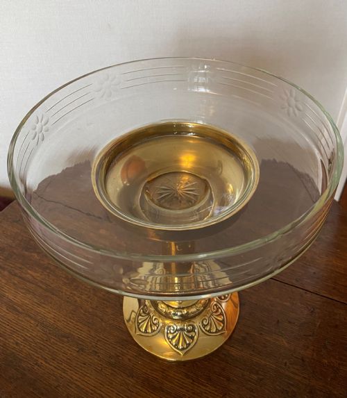 JUGENDSTIL BRASS CUT GLASS TAZZA BY C KURZ CO - ADDITIONAL PHOTO 1