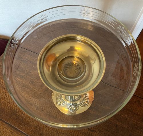 JUGENDSTIL BRASS CUT GLASS TAZZA BY C KURZ CO - ADDITIONAL PHOTO 3