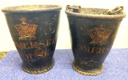 rare charming pair of somerset house leather buckets - CATEGORY: ANTIQUE MISCELLANEOUS - DATED GEORGIAN