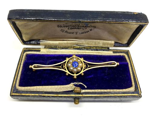 edwardian 15ct gold sapphire seed pearl brooch - CATEGORY: ANTIQUE JEWELLERY - DATED EDWARDIAN