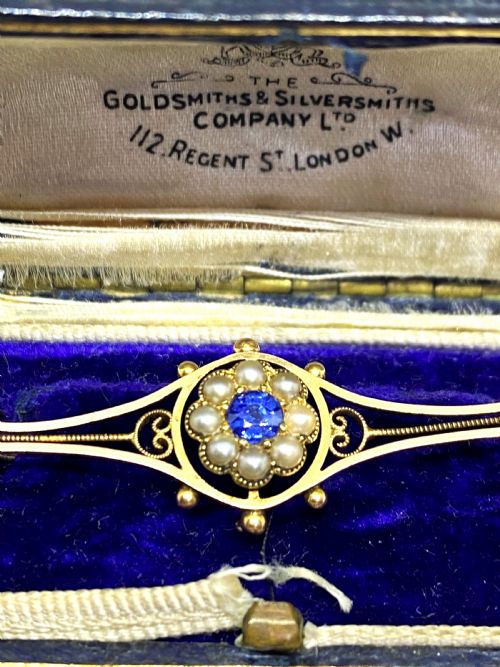 EDWARDIAN 15CT GOLD SAPPHIRE SEED PEARL BROOCH - ADDITIONAL PHOTO 1
