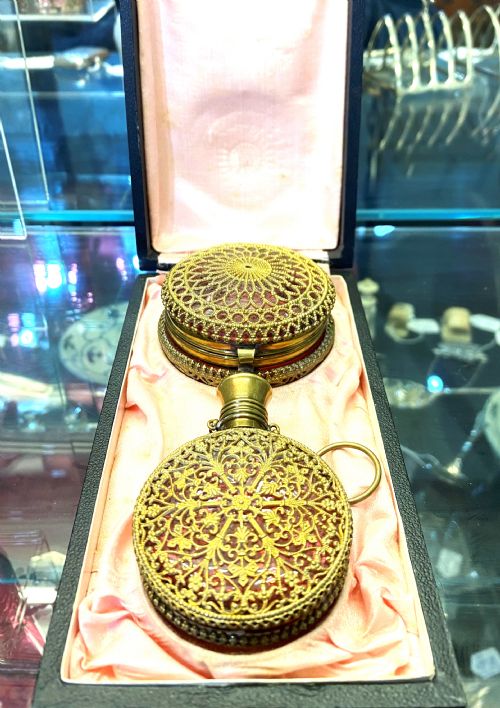 french ormolu cranberry glass perfume set - CATEGORY: ANTIQUE GLASS - DATED 1860
