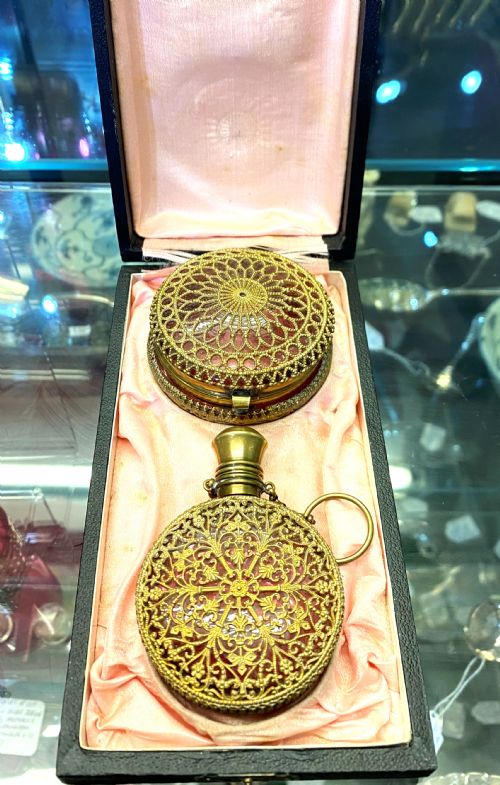 FRENCH ORMOLU CRANBERRY GLASS PERFUME SET - ADDITIONAL PHOTO 1