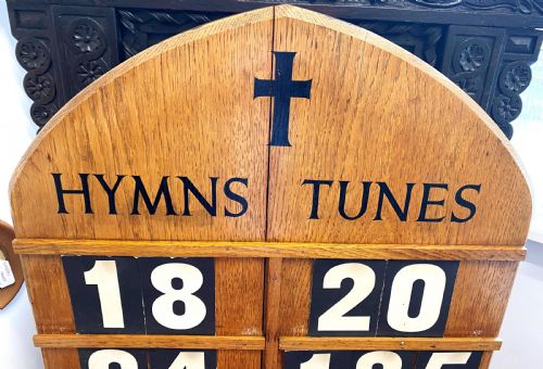LARGE DOUBLE CHURCH HYMN BOARD IN OAK WITH BOXED NUMBERS - ADDITIONAL PHOTO 1