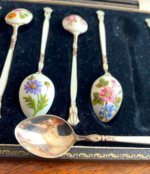FABULOUS SILVER ENAMEL FLOWER DECORATED CASED SPOONS - ADDITIONAL PHOTO 4