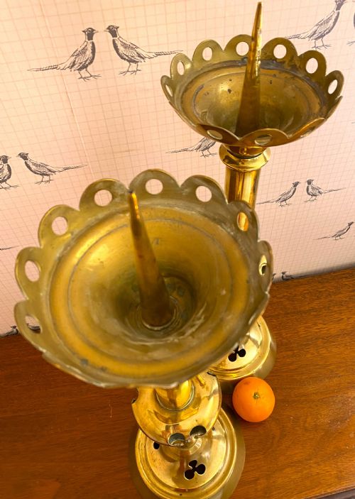 LARGE PAIR OF NEOGOTHIC BRASS PRICKET STICKS - ADDITIONAL PHOTO 7