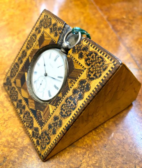 ANTIQUE TUNBRIDGE WARE POCKET WATCH STAND WITH WATCH - ADDITIONAL PHOTO 1