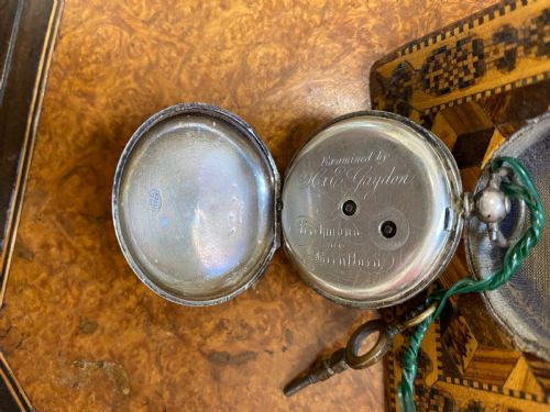 ANTIQUE TUNBRIDGE WARE POCKET WATCH STAND WITH WATCH - ADDITIONAL PHOTO 5