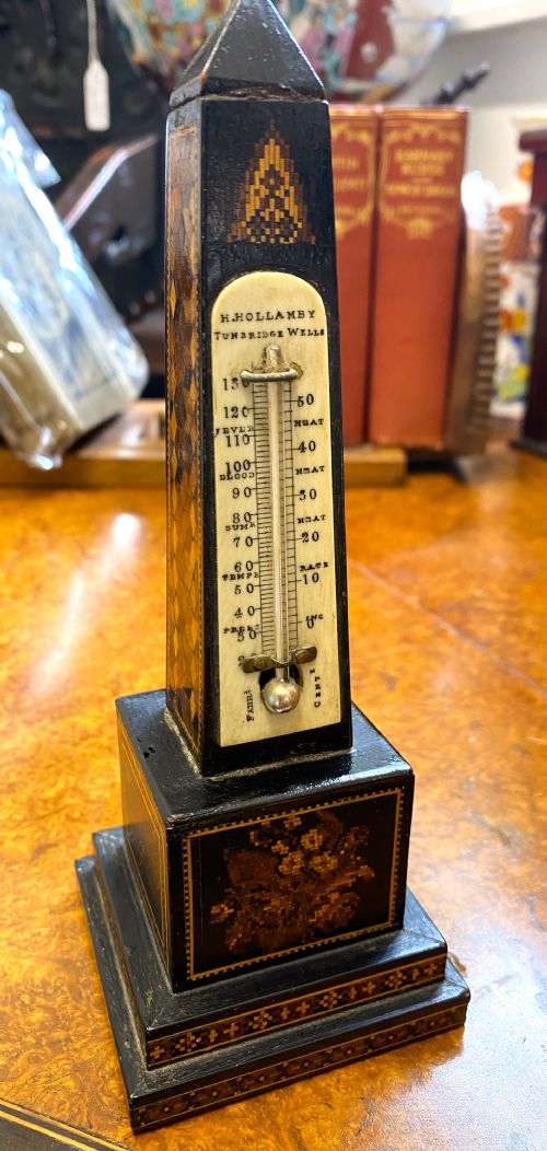 antique tunbridge ware desk top obelisk thermometer - CATEGORY: ANTIQUE MISCELLANEOUS - DATED 1890