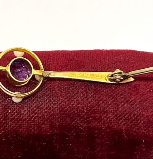 EDWARDIAN 15CT GOLD AMETHYST SEED PEARL BAR BROOCH - ADDITIONAL PHOTO 4
