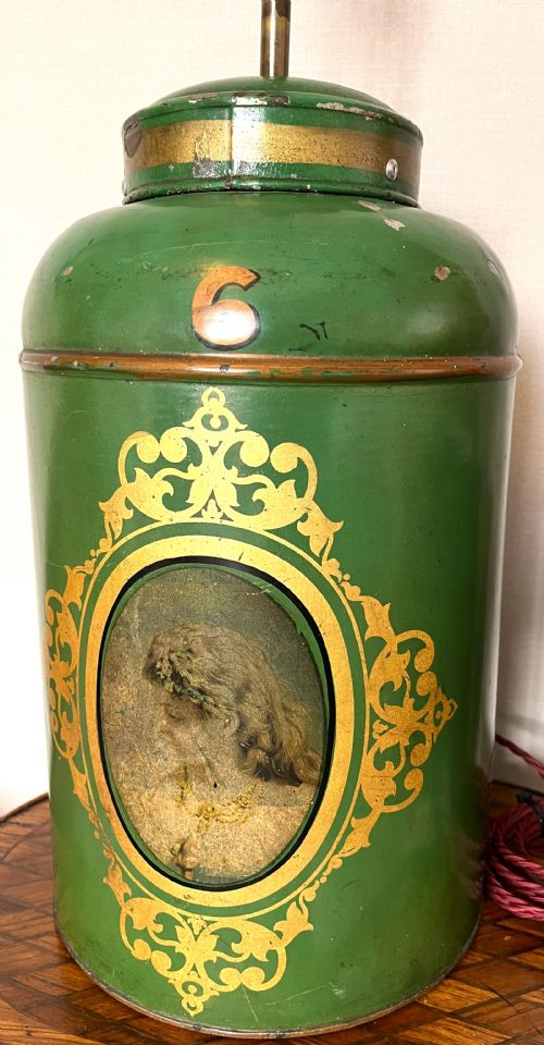 VICTORIAN TOLEWARE TEA CANISTER TABLE LAMP - ADDITIONAL PHOTO 1