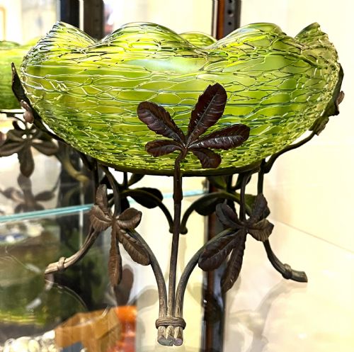 fine loetz green glass bowl gilt bronze stand - CATEGORY: ANTIQUE GLASS - DATED 1900