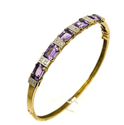 9ct gold diamond amethyst bangle - CATEGORY: ANTIQUE JEWELLERY - DATED 1930