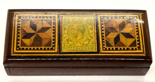 victorian tunbridge ware triple section stamp box - CATEGORY: ANTIQUE BOXES - DATED 1890