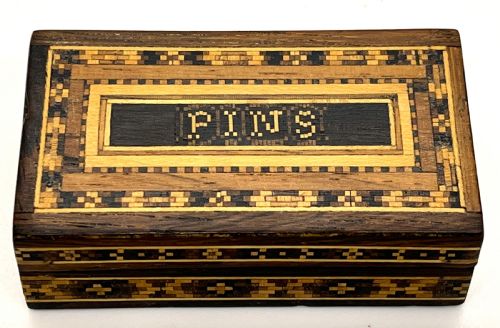 fine tunbridge ware rectangular pin box - CATEGORY: ANTIQUE BOXES - DATED 1890