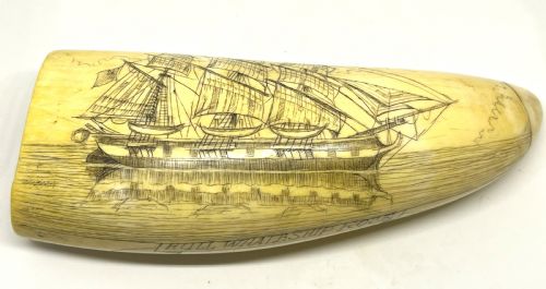 large 19thc whaler's scrimshaw of a hull whaleship - CATEGORY: ANTIQUE MISCELLANEOUS - DATED 1880