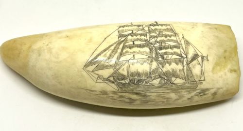 19th century scrimshaw with detailed carving of a whaling ship - CATEGORY: ANTIQUE MISCELLANEOUS - DATED 1870