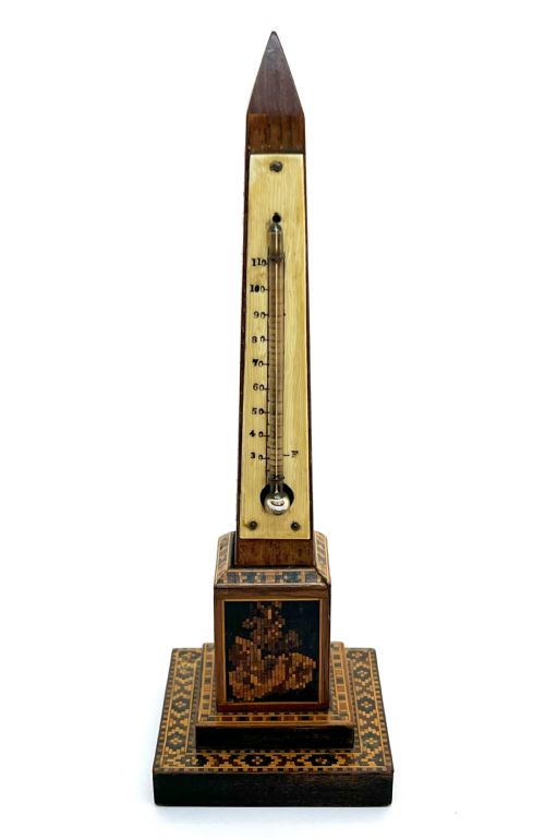 victorian tunbridge ware obelisk desk thermometer - CATEGORY: ANTIQUE MISCELLANEOUS - DATED 1880