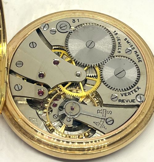 9CT GOLD SWISS VERTEX REVUE POCKET WATCH - ADDITIONAL PHOTO 8